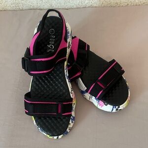 Rouge Helium Black Sandals with Pink Trim and Floral Sole
